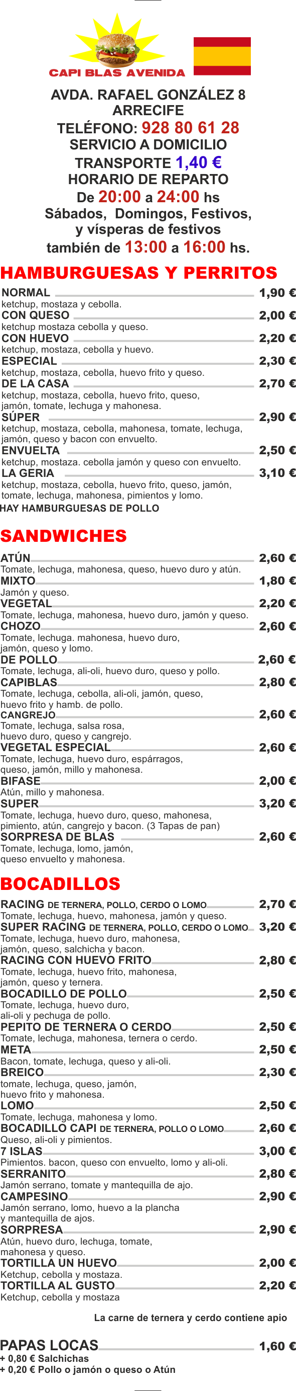 Carta de CAPI BLAS AVENIDA - Arrecife